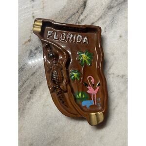 Vintage Florida Brown & Gold Ceramic Ashtray Alligator Flamingo Palms Souvenir